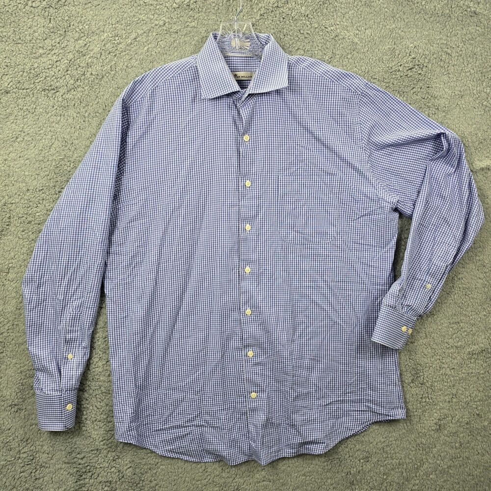 Peter Millar Men's Blue White Checker Long Sleeve Button Up Shirt Size L